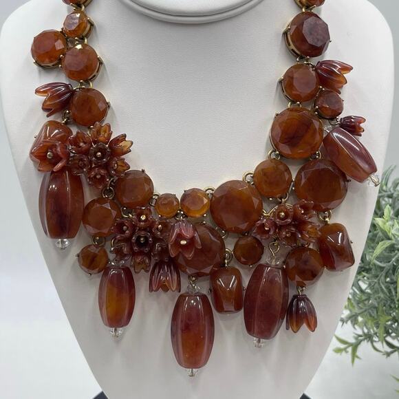J. CREW Vintage Amber Brown Lucite Asymmetric Crystal Collar Bib Necklace - Picture 1 of 16